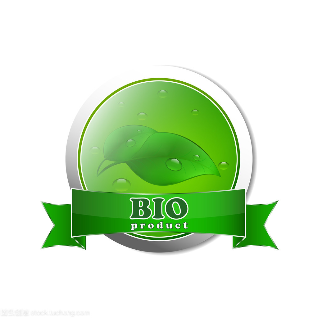 生物產(chǎn)品按鈕與水滴和綠色的樹(shù)葉